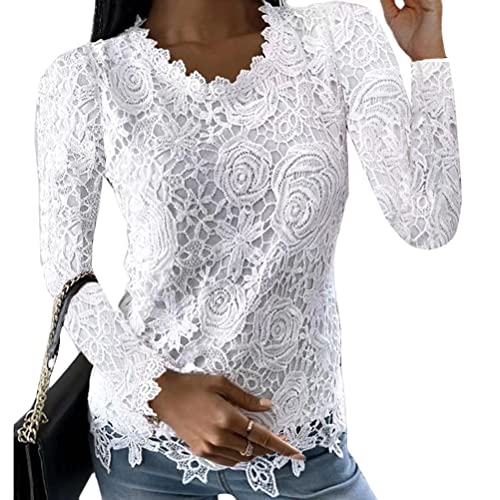 ORANDESIGNE Damen Spitzenbluse Kurzarm Oberteil Spitzenshirt Tunika Damen Bluse Spitze Hemd Langarm Elegant Tops Einfarbig Oberteile Tunika Tops AC Weiß XL von ORANDESIGNE