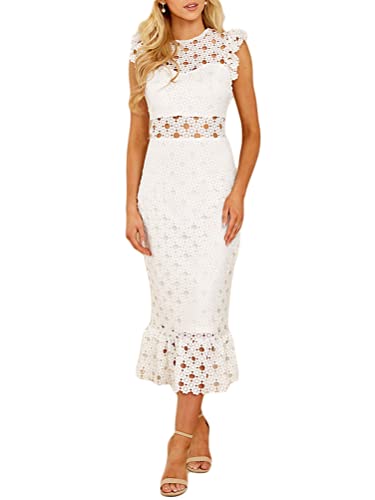 ORANDESIGNE Damen Spitzenkleid Ärmellos Kleider Partykleid Cocktailkleid Business Elegant Hohe Taille Sommerkleid Netz Kleid Party Spitze Kleid Weiß L von ORANDESIGNE