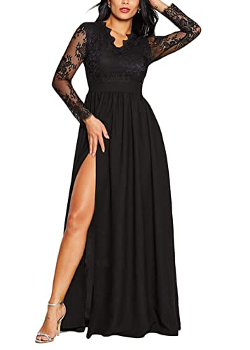 ORANDESIGNE Damen Spitzenkleid Elegant Cocktailkleid Langarm Abendkleid Chiffon Hochzeitskleid Brautjungfernkleid D Schwarz S von ORANDESIGNE