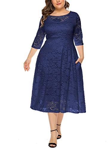 ORANDESIGNE Damen Spitzenkleid Übergröße Abendkleid 3/4 Ärmel Elegant Ballkleid Rundhals Cocktailkleid Große Größen Partykleid Knielang Festlich Maxi Midi Lang Kleid mit Taschen A Navy XL von ORANDESIGNE