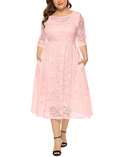 ORANDESIGNE Damen Spitzenkleid Übergröße Abendkleid 3/4 Ärmel Elegant Ballkleid Rundhals Cocktailkleid Große Größen Partykleid Knielang Festlich Maxi Midi Lang Kleid mit Taschen A Rose 3XL von ORANDESIGNE