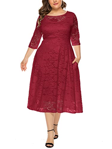 ORANDESIGNE Damen Spitzenkleid Übergröße Abendkleid 3/4 Ärmel Elegant Ballkleid Rundhals Cocktailkleid Große Größen Partykleid Knielang Festlich Maxi Midi Lang Kleid mit Taschen A Rot 5XL von ORANDESIGNE