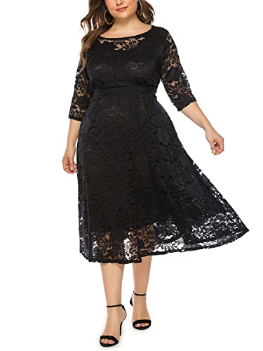 ORANDESIGNE Damen Spitzenkleid Übergröße Abendkleid 3/4 Ärmel Elegant Ballkleid Rundhals Cocktailkleid Große Größen Partykleid Knielang Festlich Maxi Midi Lang Kleid mit Taschen A Schwarz 3XL von ORANDESIGNE