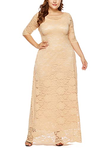 ORANDESIGNE Damen Spitzenkleid Übergröße Abendkleid 3/4 Ärmel Elegant Ballkleid Rundhals Cocktailkleid Große Größen Partykleid Knielang Festlich Maxi Midi Lang Kleid mit Taschen B Aprikose 4XL von ORANDESIGNE