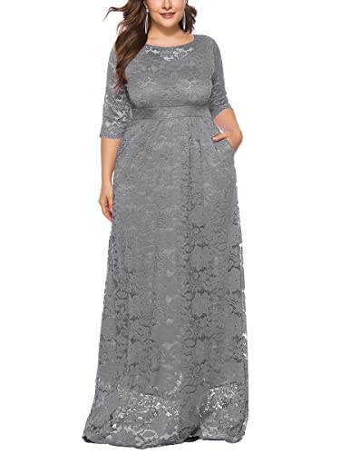 ORANDESIGNE Damen Spitzenkleid Übergröße Abendkleid 3/4 Ärmel Elegant Ballkleid Rundhals Cocktailkleid Große Größen Partykleid Knielang Festlich Maxi Midi Lang Kleid mit Taschen B Grau 3XL von ORANDESIGNE