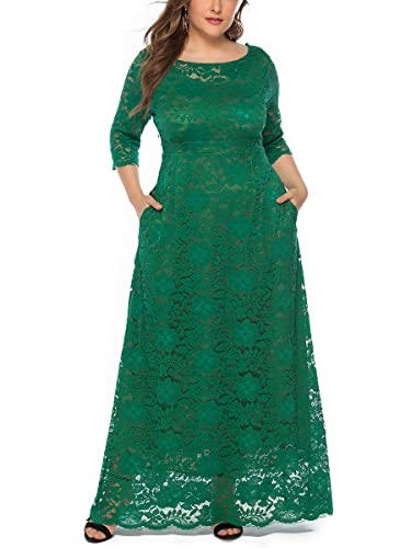 ORANDESIGNE Damen Spitzenkleid Übergröße Abendkleid 3/4 Ärmel Elegant Ballkleid Rundhals Cocktailkleid Große Größen Partykleid Knielang Festlich Maxi Midi Lang Kleid mit Taschen B Grün 5XL von ORANDESIGNE