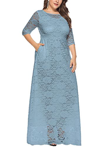 ORANDESIGNE Damen Spitzenkleid Übergröße Abendkleid 3/4 Ärmel Elegant Ballkleid Rundhals Cocktailkleid Große Größen Partykleid Knielang Festlich Maxi Midi Lang Kleid mit Taschen B Hellblau XL von ORANDESIGNE