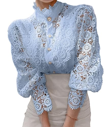ORANDESIGNE Damen Spitzenshirt Elegant Blusen mit Laternenärmeln Stehkragen Langarm Hemdbluse Spitzen Tunika Bluse Spitzenbluse Frühling Herbst Hemd Oberteile T-Shirt Tops A Blau L von ORANDESIGNE