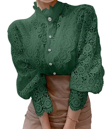 ORANDESIGNE Damen Spitzenshirt Elegant Blusen mit Laternenärmeln Stehkragen Langarm Hemdbluse Spitzen Tunika Bluse Spitzenbluse Frühling Herbst Hemd Oberteile T-Shirt Tops A Grün S von ORANDESIGNE