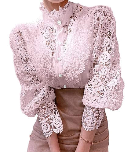 ORANDESIGNE Damen Spitzenshirt Elegant Blusen mit Laternenärmeln Stehkragen Langarm Hemdbluse Spitzen Tunika Bluse Spitzenbluse Frühling Herbst Hemd Oberteile T-Shirt Tops A Rosa XXL von ORANDESIGNE