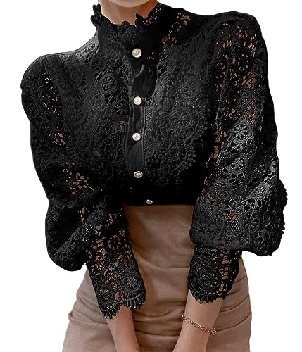 ORANDESIGNE Damen Spitzenshirt Elegant Blusen mit Laternenärmeln Stehkragen Langarm Hemdbluse Spitzen Tunika Bluse Spitzenbluse Frühling Herbst Hemd Oberteile T-Shirt Tops A Schwarz L von ORANDESIGNE