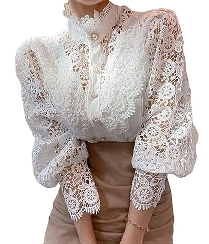 ORANDESIGNE Damen Spitzenshirt Elegant Blusen mit Laternenärmeln Stehkragen Langarm Hemdbluse Spitzen Tunika Bluse Spitzenbluse Frühling Herbst Hemd Oberteile T-Shirt Tops A Weiß XL von ORANDESIGNE