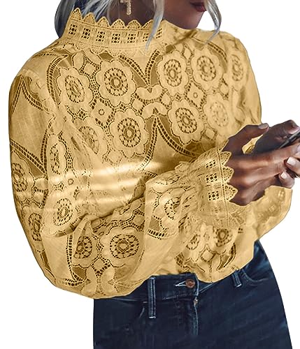 ORANDESIGNE Damen Spitzenshirt Elegant Blusen mit Laternenärmeln Stehkragen Langarm Hemdbluse Spitzen Tunika Bluse Spitzenbluse Frühling Herbst Hemd Oberteile T-Shirt Tops C Gelb S von ORANDESIGNE
