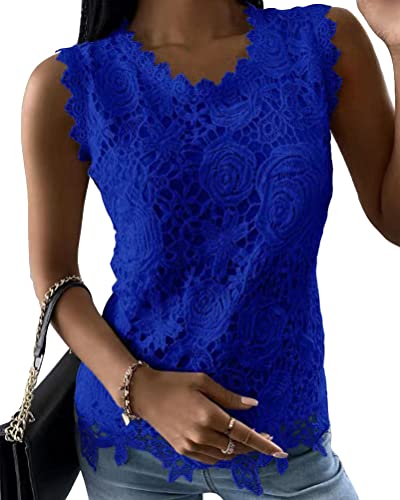 ORANDESIGNE Damen Spitzentop Basic Tank Tops Frauen T-Shirt Sommer Shirts Top Crop Tank Tops Ärmelloses Top mit Spitze Damen Sexy Oberteil Party Ärmellos Tunika Tank Crop Tops A Blau XL von ORANDESIGNE