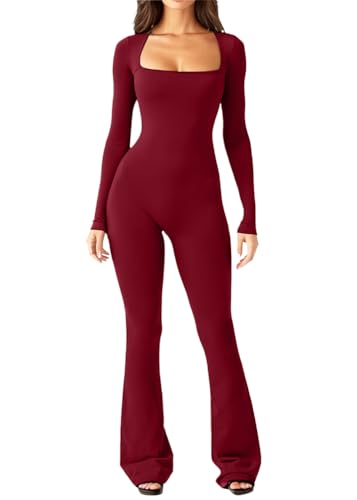 ORANDESIGNE Damen Sport Jumpsuit Schlaghosen Langarm Training Bodycon Strampler Hohe Taille Sportkleidung Fraun Hochelastisch Nahtlos Tights Overalls Shape Stretch Sport Outfit Fitness Set A Weinrot M von ORANDESIGNE