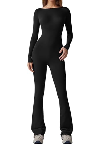 ORANDESIGNE Damen Sport Jumpsuit Schlaghosen Langarm Training Bodycon Strampler Hohe Taille Sportkleidung Fraun Hochelastisch Nahtlos Tights Overalls Shape Stretch Sport Outfit Fitness Set B Schwarz M von ORANDESIGNE