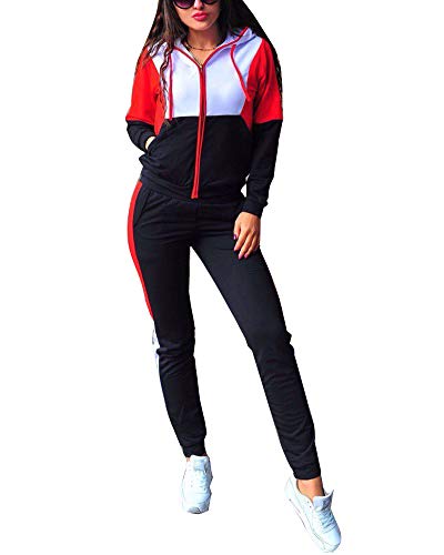 ORANDESIGNE Damen Sportanzug Jogginganzug Trainingsanzug Hausanzug Freizeit Zipper Top + Lange Hose Zweiteiler Freizeitanzug Sportswear 2 Stück Bekleidungsset (L, 01 Rot) von ORANDESIGNE