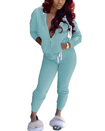 ORANDESIGNE Damen Sportanzug Jogginganzug Trainingsanzug Hausanzug Freizeit Zipper Top + Lange Hose Zweiteiler Freizeitanzug Sportswear 2 Stück Bekleidungsset Hellblau L von ORANDESIGNE