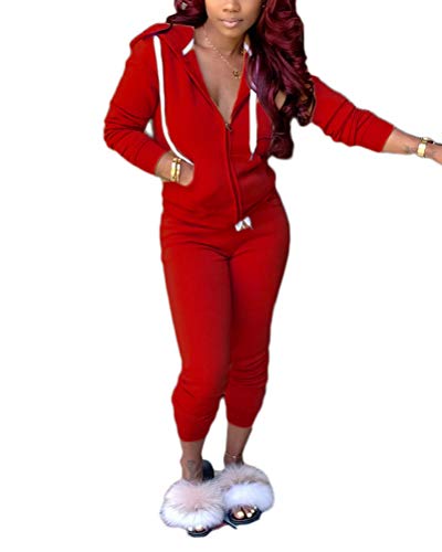ORANDESIGNE Damen Sportanzug Jogginganzug Trainingsanzug Hausanzug Freizeit Zipper Top + Lange Hose Zweiteiler Freizeitanzug Sportswear 2 Stück Bekleidungsset Rot L von ORANDESIGNE