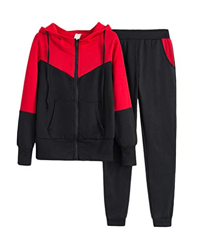 ORANDESIGNE Damen Sportanzug Trainingsanzug Jogginganzug Frauen 2 Teilig Freizeitanzug Kapuzenpullover Lange Ärmel Top Lange Hose Sportswear 2 Stück Bekleidungsset Sport C Rot 40 von ORANDESIGNE