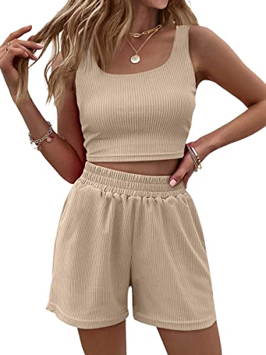 ORANDESIGNE Damen Sportanzug Trainingsanzug Jogginganzug Frauen 2 Teilig Sommer Anzug Sport Crop Tank Top Und Shorts Mode Set Outfits Modern Kurzgröße Hausanzug Freizeitanzug A Aprikose M von ORANDESIGNE