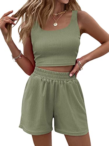 ORANDESIGNE Damen Sportanzug Trainingsanzug Jogginganzug Frauen 2 Teilig Sommer Anzug Sport Crop Tank Top Und Shorts Mode Set Outfits Modern Kurzgröße Hausanzug Freizeitanzug A Matcha S von ORANDESIGNE