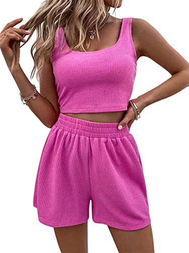 ORANDESIGNE Damen Sportanzug Trainingsanzug Jogginganzug Frauen 2 Teilig Sommer Anzug Sport Crop Tank Top Und Shorts Mode Set Outfits Modern Kurzgröße Hausanzug Freizeitanzug A Rosa M von ORANDESIGNE