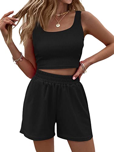 ORANDESIGNE Damen Sportanzug Trainingsanzug Jogginganzug Frauen 2 Teilig Sommer Anzug Sport Crop Tank Top Und Shorts Mode Set Outfits Modern Kurzgröße Hausanzug Freizeitanzug A Schwarz L von ORANDESIGNE