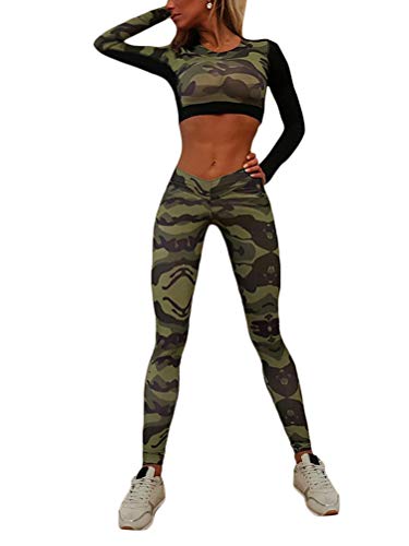 ORANDESIGNE Damen Sportanzug Trainingsanzug Stretch Langarm Crop Top + Leggings Fitness Set Sport Freizeit Zweiteiler Camouflage Yoga Gym Set A 01 Grün (Set) Small von ORANDESIGNE