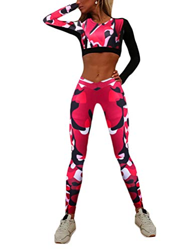 ORANDESIGNE Damen Sportanzug Trainingsanzug Stretch Langarm Crop Top + Leggings Fitness Set Sport Freizeit Zweiteiler Camouflage Yoga Gym Set A Rot (Set) Medium von ORANDESIGNE