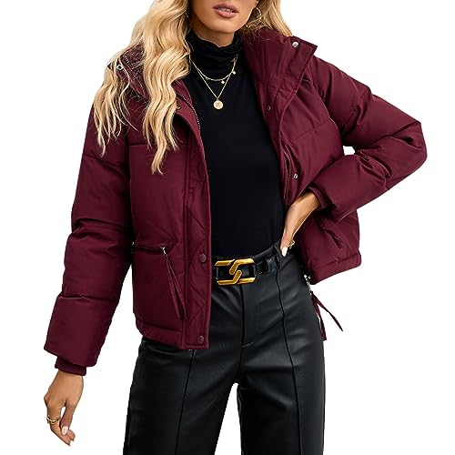 ORANDESIGNE Damen Steppjacke Dünne Leicht Warme Übergangsjacke Gefütterte Winterjacke Parka Stepp Mantel Puffer Jacke Blouson Wickeljacke Sport Gesteppt Bomberjacke Outdoorjacke Weinrot M von ORANDESIGNE