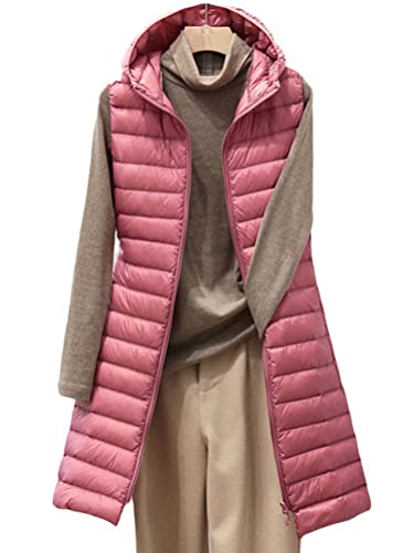 ORANDESIGNE Damen Steppweste mit Kapuze Lightweight Doppelkopf Reißverschluss Puffer Vest Winddichte Packbare Weiße Entendaunen Weste Lange Daunenweste Kapuzenweste A Rosa M von ORANDESIGNE