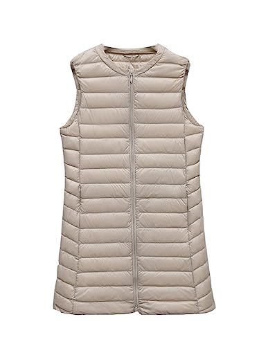 ORANDESIGNE Damen Steppweste mit Kapuze Lightweight Doppelkopf Reißverschluss Puffer Vest Winddichte Packbare Weiße Entendaunen Weste Lange Daunenweste Kapuzenweste B Beige XL von ORANDESIGNE