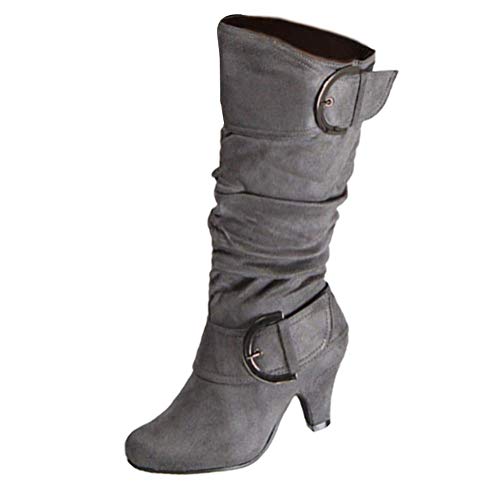 ORANDESIGNE Damen Stiefel High Heels Klassische Stiefel mit Blockabsatz Profilsohle Elegant Winterstiefel mit Schnalle Grau 40 EU von ORANDESIGNE