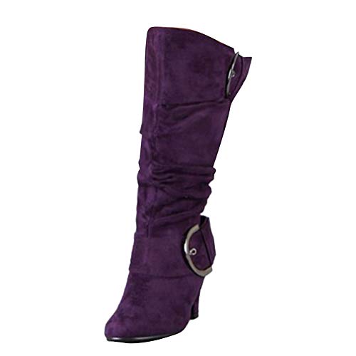 ORANDESIGNE Damen Stiefel High Heels Klassische Stiefel mit Blockabsatz Profilsohle Elegant Winterstiefel mit Schnalle Lila 35 EU von ORANDESIGNE