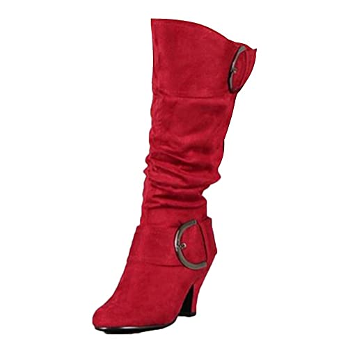 ORANDESIGNE Damen Stiefel High Heels Klassische Stiefel mit Blockabsatz Profilsohle Elegant Winterstiefel mit Schnalle Rot 39 EU von ORANDESIGNE