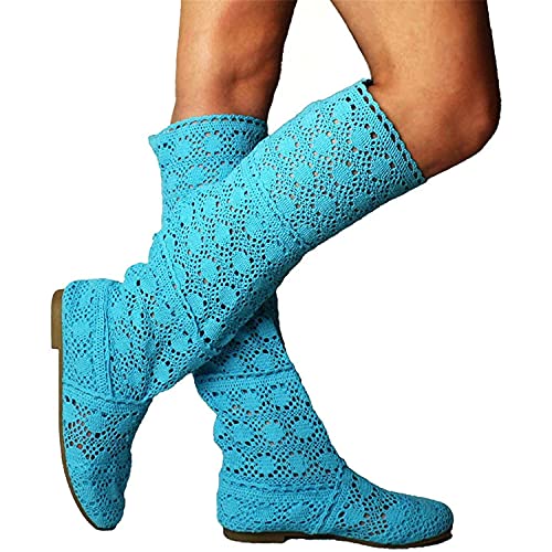 ORANDESIGNE Damen Stiefel für Kleid Schuhe Spitze Hohlstiefel Crochet Aushöhlen Chunky Flache Fersen Knie Leichte Stiefel A Blau 38 EU von ORANDESIGNE