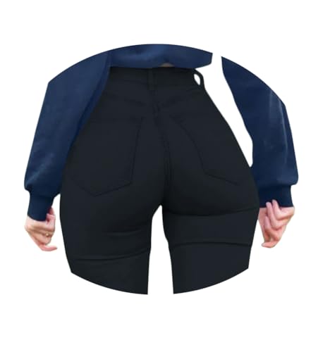 ORANDESIGNE Damen Stretch Hose mit Hoher Taille Jeggings Stretch Hose Push Up Jeans Mode Taschen Knöpfen Skinny Push Up Po Lang Hosen C Schwarz M von ORANDESIGNE