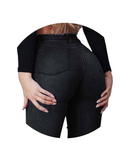 ORANDESIGNE Damen Stretch Hose mit Hoher Taille Jeggings Stretch Hose Push Up Jeans Mode Taschen Knöpfen Skinny Push Up Po Lang Hosen E Schwarz XL von ORANDESIGNE