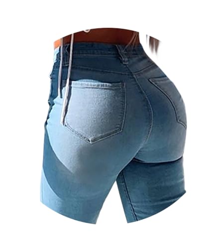 ORANDESIGNE Damen Stretch Hose mit Hoher Taille Jeggings Stretch Hose Push Up Jeans Mode Taschen Knöpfen Skinny Push Up Po Lang Hosen F Hellblau M von ORANDESIGNE