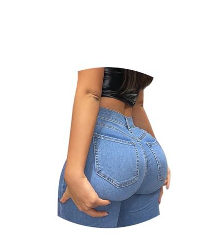 ORANDESIGNE Damen Stretch Hose mit Hoher Taille Jeggings Stretch Hose Push Up Jeans Mode Taschen Knöpfen Skinny Push Up Po Lang Hosen G Hellblau XS von ORANDESIGNE