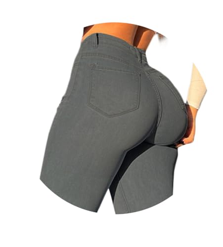 ORANDESIGNE Damen Stretch Hose mit Hoher Taille Jeggings Stretch Hose Push Up Jeans Mode Taschen Knöpfen Skinny Push Up Po Lang Hosen H Grau M von ORANDESIGNE