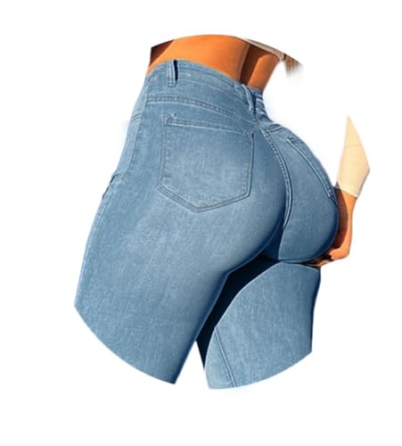 ORANDESIGNE Damen Stretch Hose mit Hoher Taille Jeggings Stretch Hose Push Up Jeans Mode Taschen Knöpfen Skinny Push Up Po Lang Hosen H Hellblau XXL von ORANDESIGNE