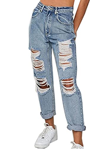 ORANDESIGNE Damen Stretch Straight Jeans Löchern Baggy Boyfriend Jeanshose Teenager Mädchen Lässig Denim Hosen Weich Pants Freizeithose 01 Blau L von ORANDESIGNE