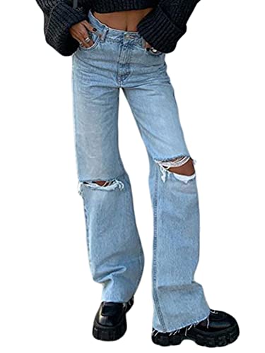 ORANDESIGNE Damen Stretch Straight Jeans Löchern Baggy Boyfriend Jeanshose Teenager Mädchen Lässig Denim Hosen Weich Pants Freizeithose 15 Blau XS von ORANDESIGNE