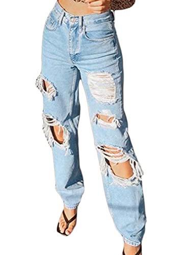 ORANDESIGNE Damen Stretch Straight Jeans Löchern Baggy Boyfriend Jeanshose Teenager Mädchen Lässig Denim Hosen Weich Pants Freizeithose 17 Blau XS von ORANDESIGNE