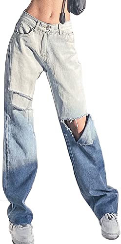 ORANDESIGNE Damen Stretch Straight Jeans Löchern Baggy Boyfriend Jeanshose Teenager Mädchen Lässig Denim Hosen Weich Pants Freizeithose 19 Blau L von ORANDESIGNE