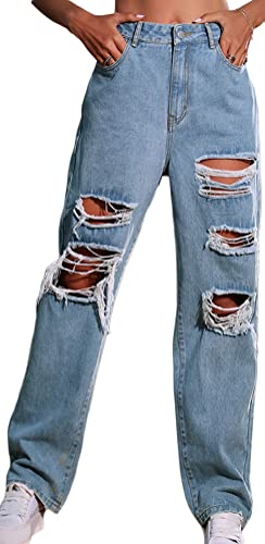 ORANDESIGNE Damen Stretch Straight Jeans Löchern Baggy Boyfriend Jeanshose Teenager Mädchen Lässig Denim Hosen Weich Pants Freizeithose 22 Blau L von ORANDESIGNE