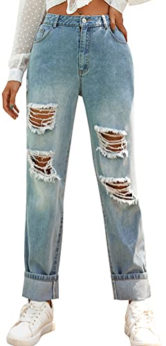 ORANDESIGNE Damen Stretch Straight Jeans Löchern Baggy Boyfriend Jeanshose Teenager Mädchen Lässig Denim Hosen Weich Pants Freizeithose 23 Blau L von ORANDESIGNE