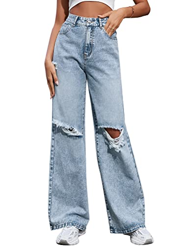 ORANDESIGNE Damen Stretch Straight Jeans Löchern Baggy Boyfriend Jeanshose Teenager Mädchen Lässig Denim Hosen Weich Pants Freizeithose Z12 L von ORANDESIGNE